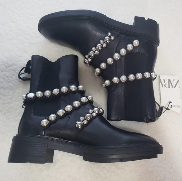 NWT Zara Black Leather Faux Pearl Accents Ankle Boots Size 38 - Picture 6 of 13